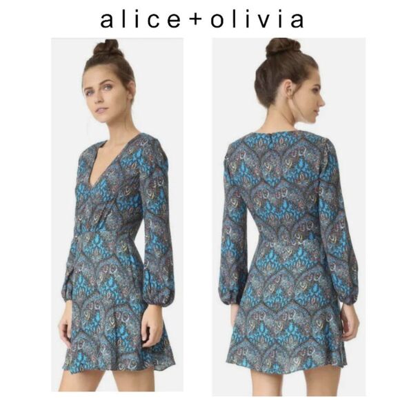 Alice + Olivia Blue and Gray Patterned Mini Dress - Picture 1 of 14